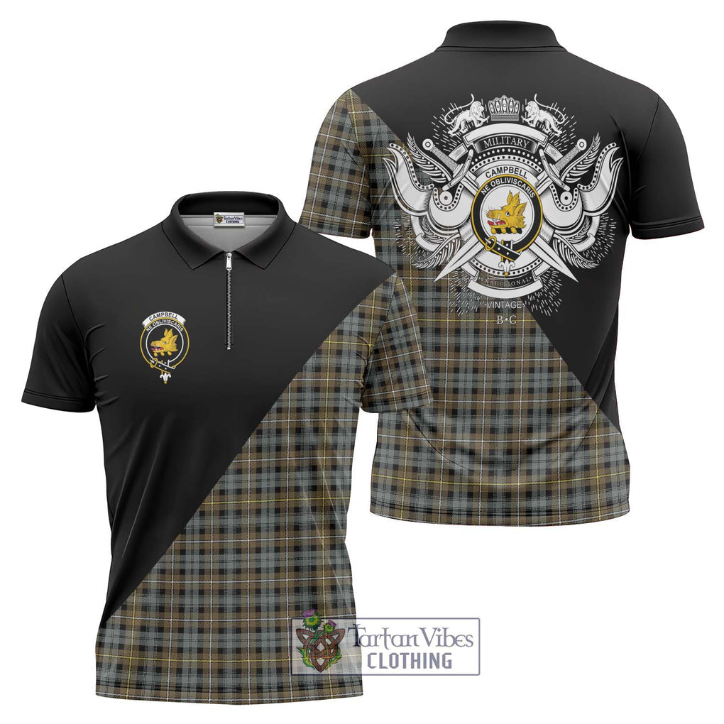 Campbell Argyll Weathered Tartan Zipper Polo Shirt with Family Crest and Military Logo Style Unisex - Tartanvibesclothing Shop