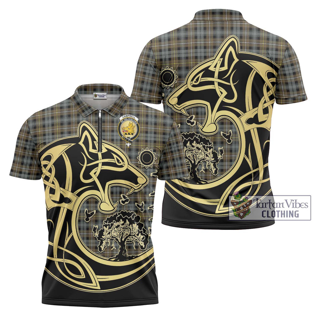 Campbell Argyll Weathered Tartan Zipper Polo Shirt with Family Crest Celtic Wolf Style Unisex - Tartanvibesclothing Shop