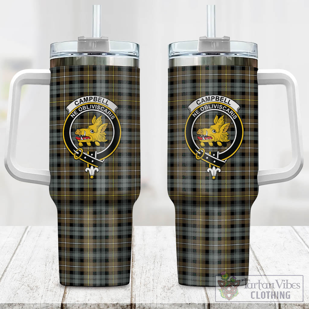 Tartan Vibes Clothing Campbell Argyll Weathered Tartan and Family Crest Tumbler with Handle