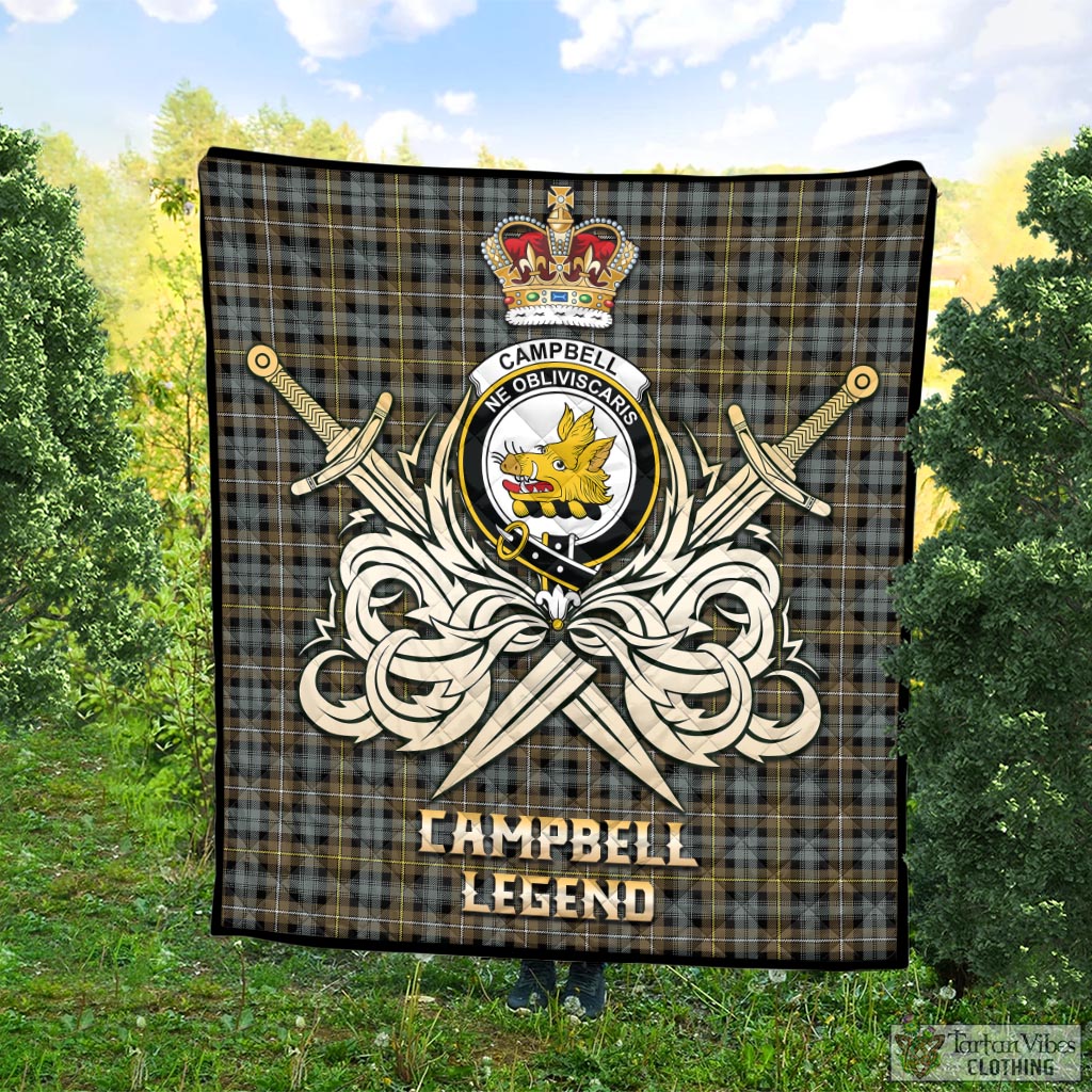 Tartan Vibes Clothing Campbell Argyll Weathered Tartan Quilt with Clan Crest and the Golden Sword of Courageous Legacy