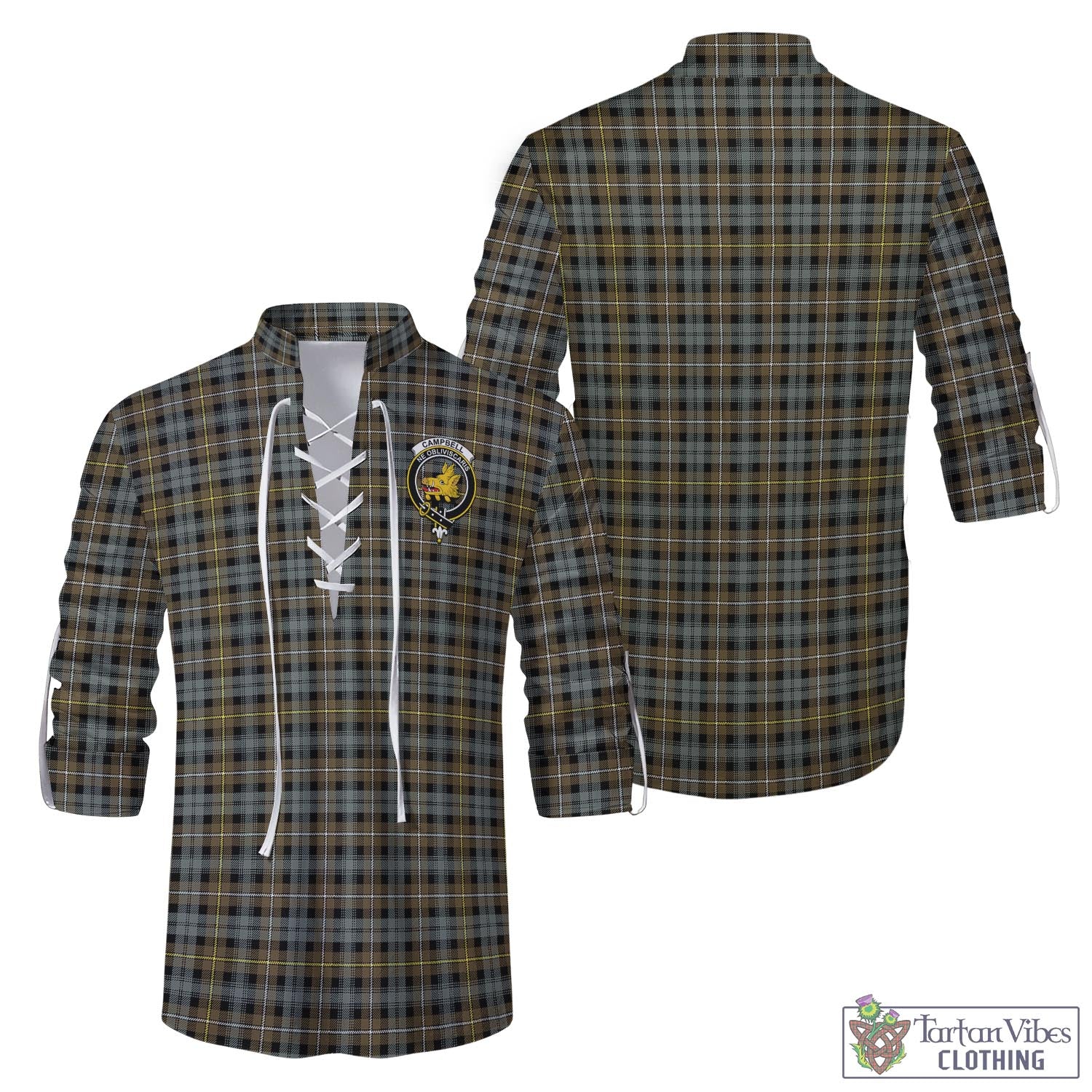 Tartan Vibes Clothing Campbell Argyll Weathered Tartan Men's Scottish Traditional Jacobite Ghillie Kilt Shirt with Family Crest