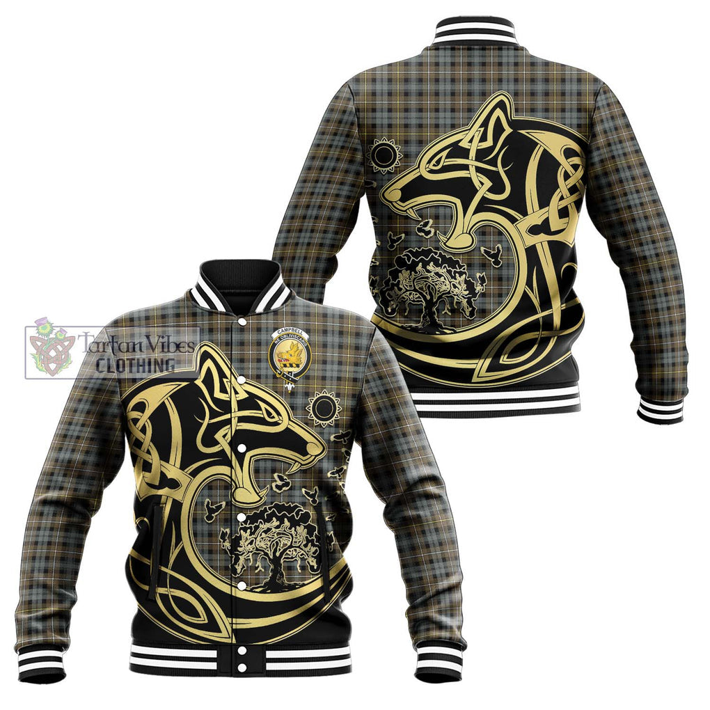 Campbell Argyll Weathered Tartan Baseball Jacket with Family Crest Celtic Wolf Style Unisex - Tartan Vibes Clothing