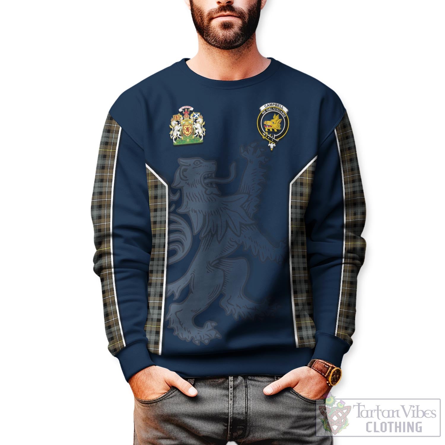 Tartan Vibes Clothing Campbell Argyll Weathered Tartan Sweater with Family Crest and Lion Rampant Vibes Sport Style