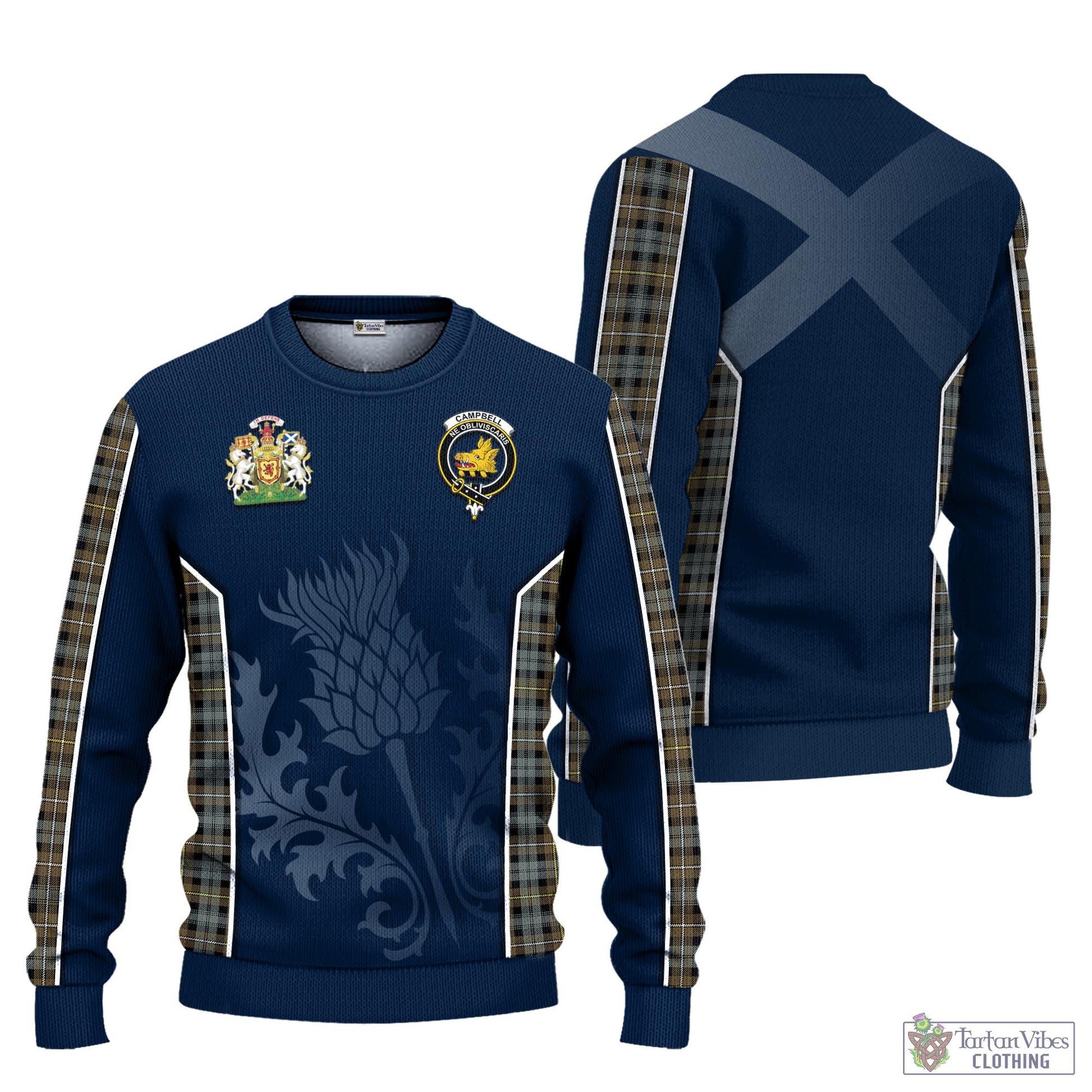 Tartan Vibes Clothing Campbell Argyll Weathered Tartan Knitted Sweatshirt with Family Crest and Scottish Thistle Vibes Sport Style