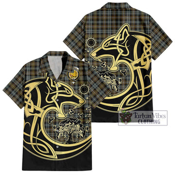 Campbell Argyll Weathered Tartan Short Sleeve Button Shirt with Family Crest Celtic Wolf Style