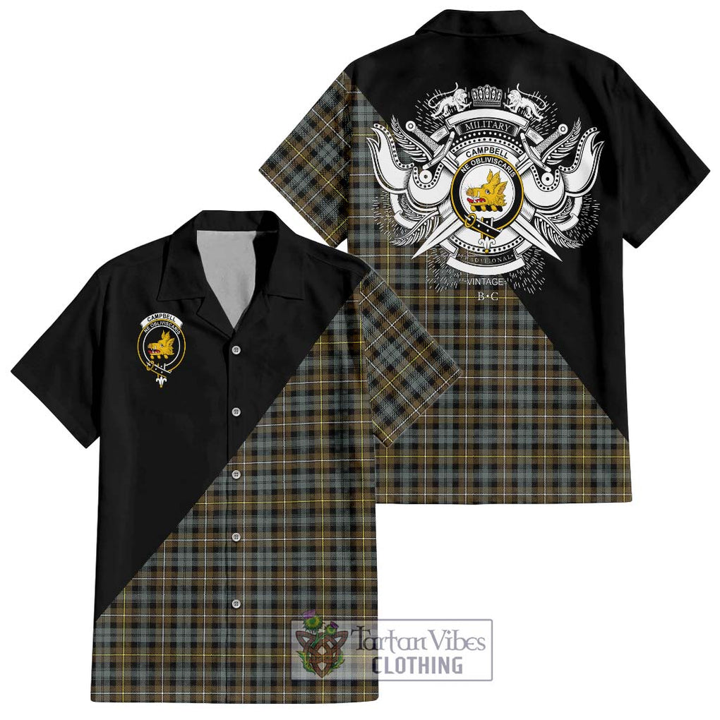 Campbell Argyll Weathered Tartan Short Sleeve Button Shirt with Family Crest and Military Logo Style Kid - Tartanvibesclothing Shop