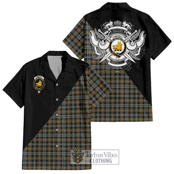 Campbell Argyll Weathered Tartan Short Sleeve Button Shirt with Family Crest and Military Logo Style