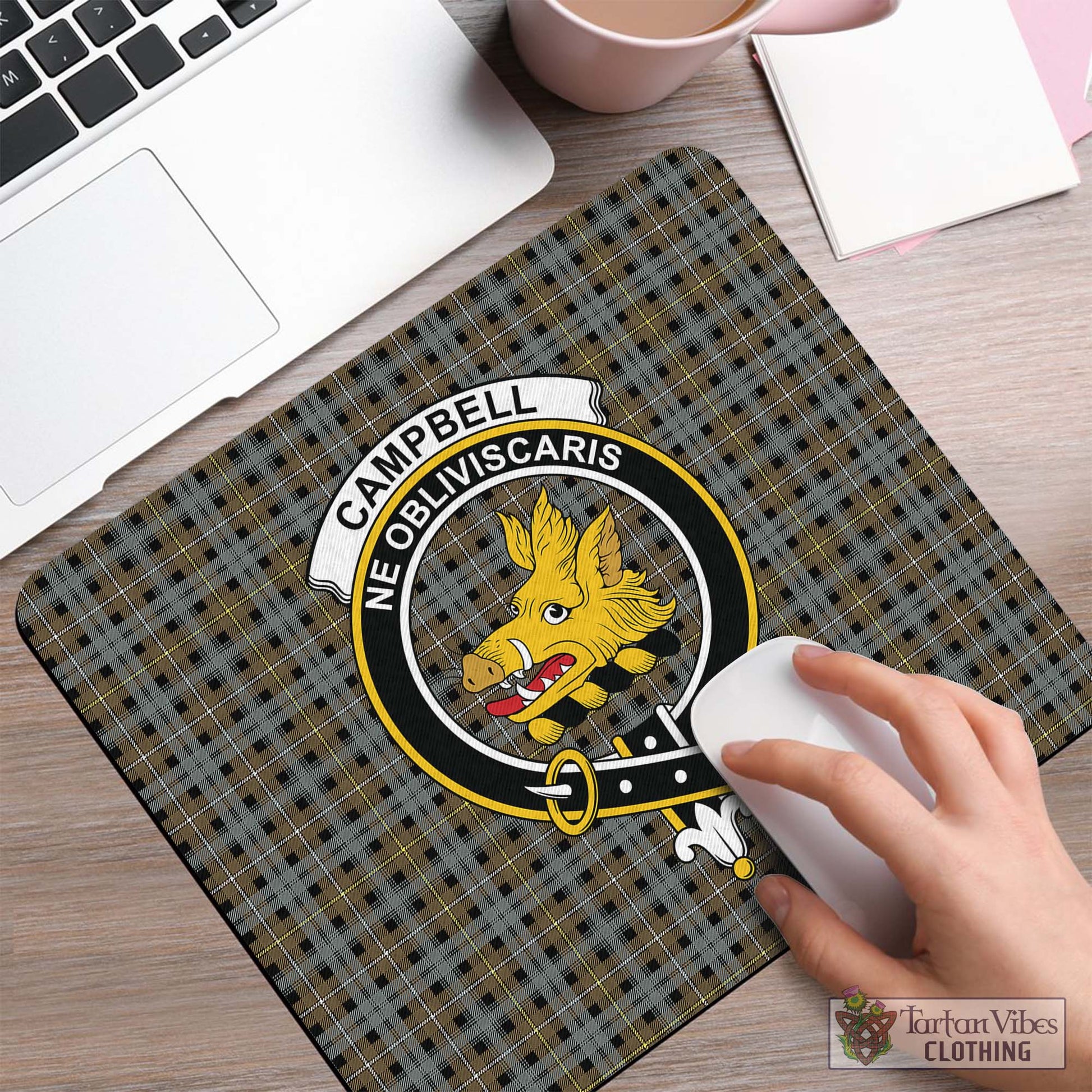 Tartan Vibes Clothing Campbell Argyll Weathered Tartan Mouse Pad with Family Crest