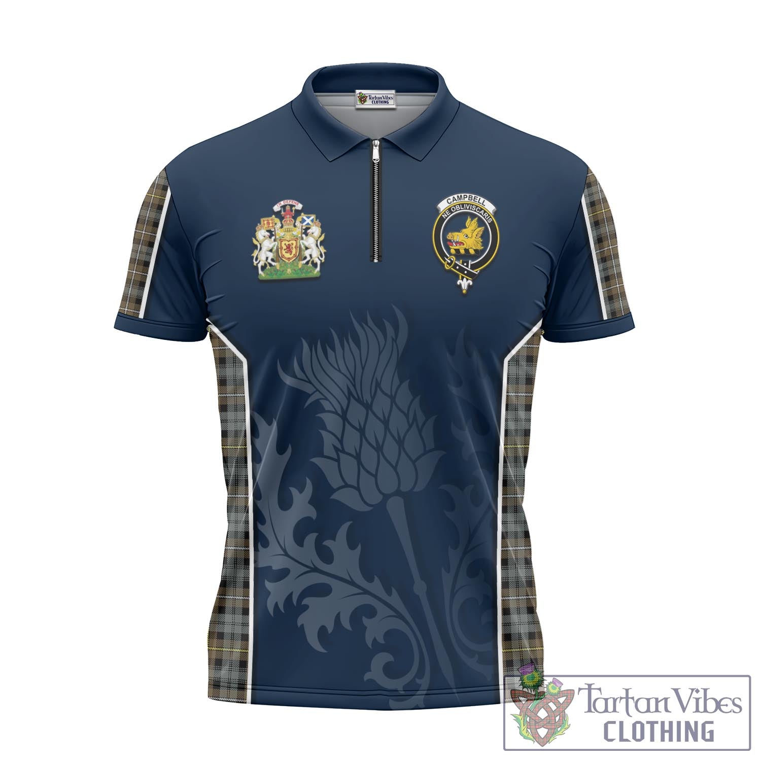 Tartan Vibes Clothing Campbell Argyll Weathered Tartan Zipper Polo Shirt with Family Crest and Scottish Thistle Vibes Sport Style