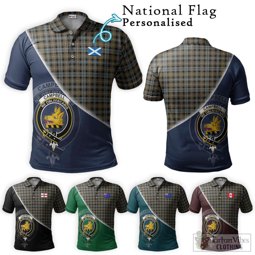 Campbell Argyll Weathered Tartan Polo Shirt with Personalised National Flag and Family Crest Half Style Maroon - Tartanvibesclothing Shop