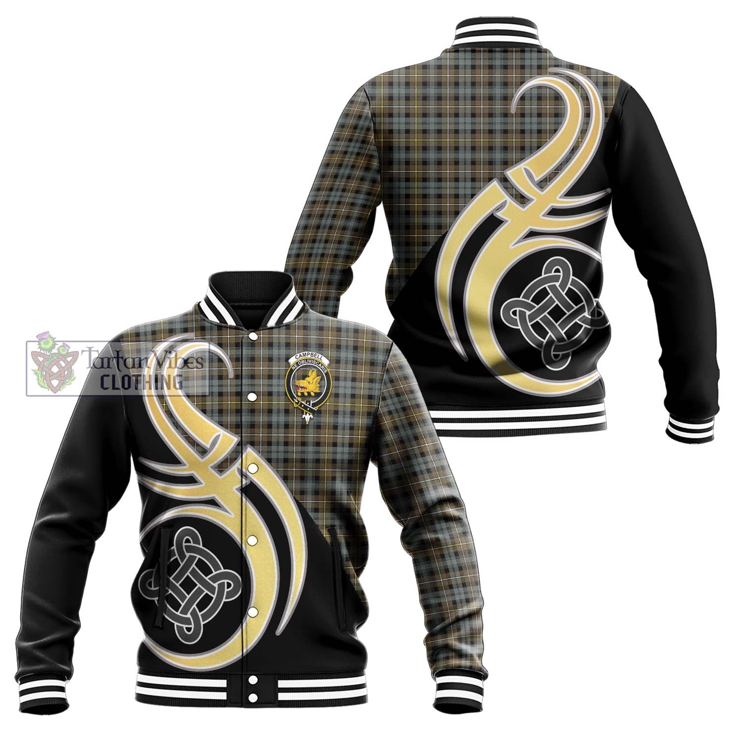 Campbell Argyll Weathered Tartan Baseball Jacket with Family Crest and Celtic Symbol Style Unisex - Tartan Vibes Clothing