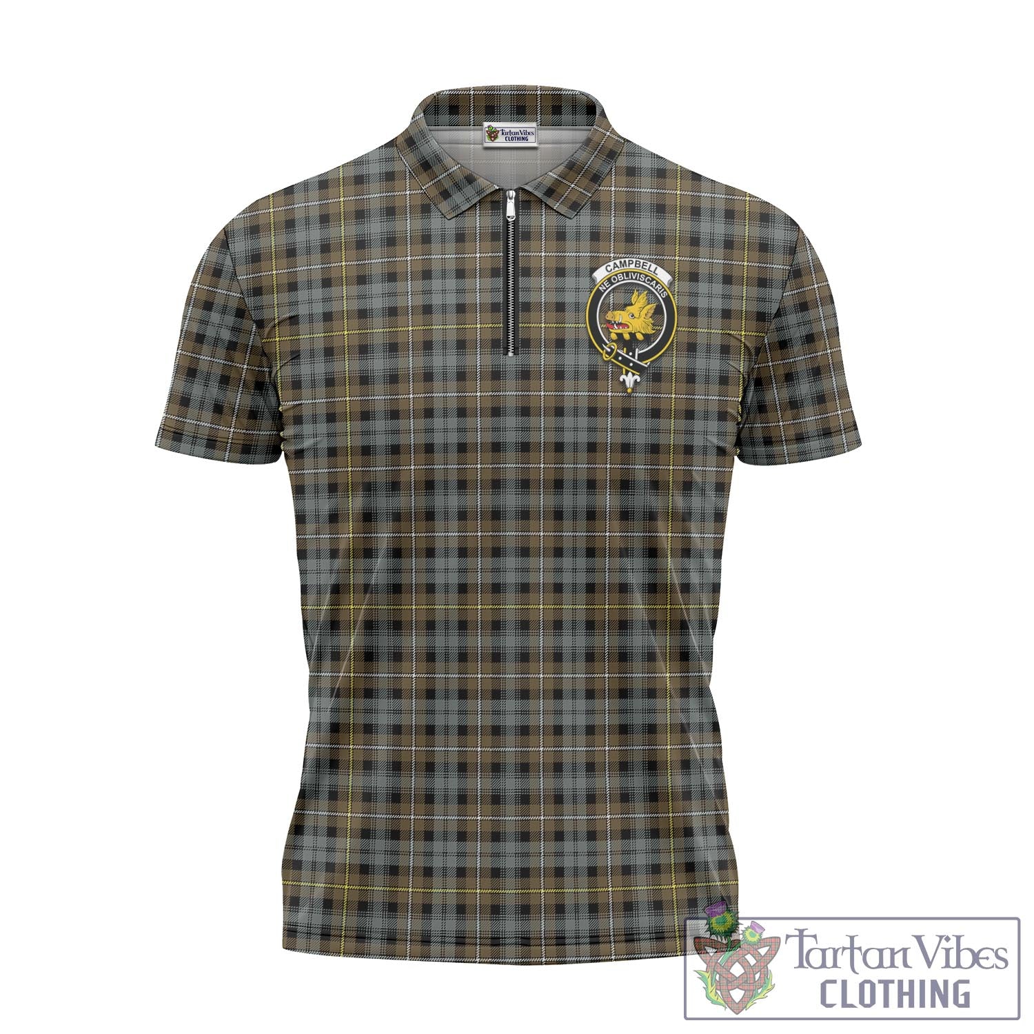 Tartan Vibes Clothing Campbell Argyll Weathered Tartan Zipper Polo Shirt with Family Crest