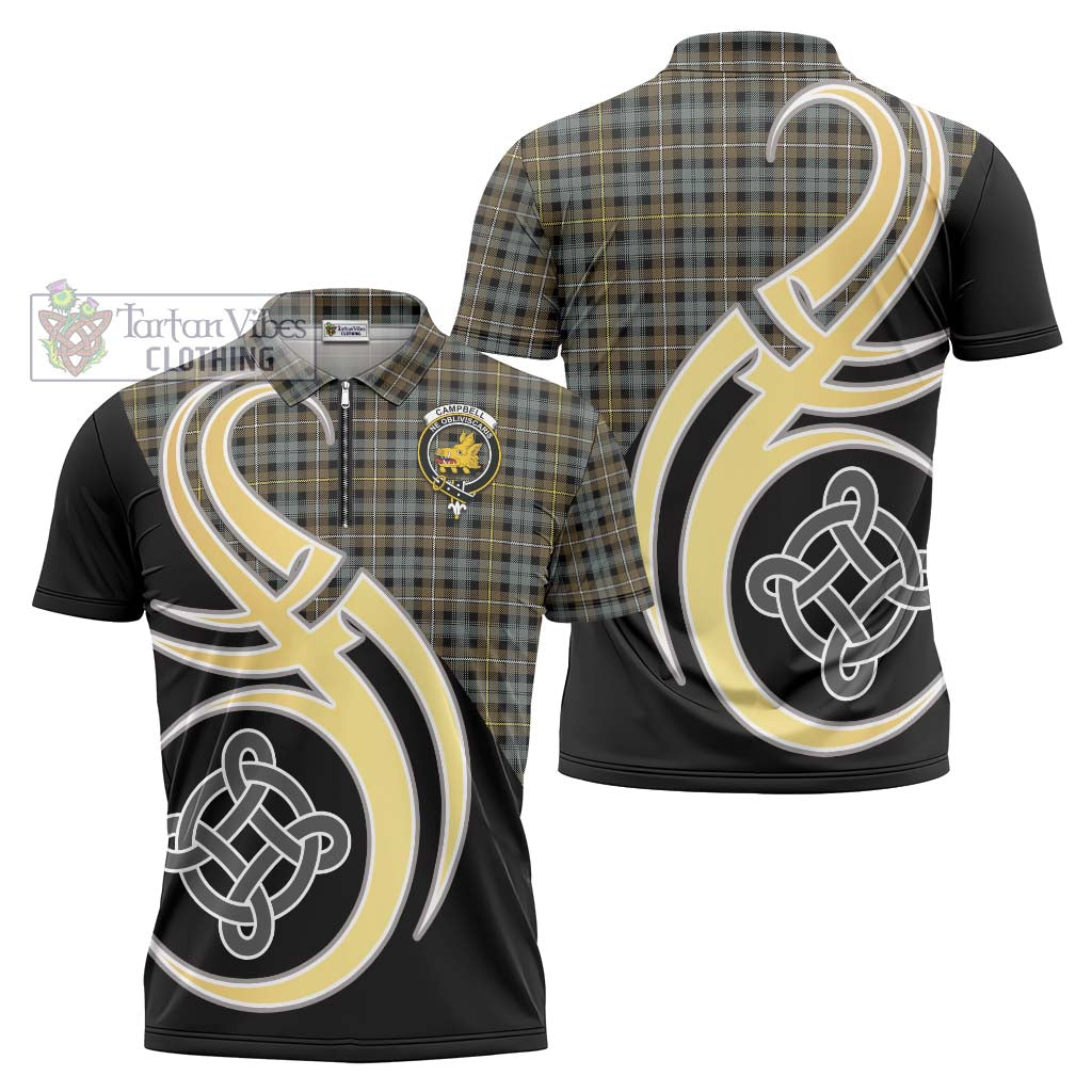 Tartan Vibes Clothing Campbell Argyll Weathered Tartan Zipper Polo Shirt with Family Crest and Celtic Symbol Style