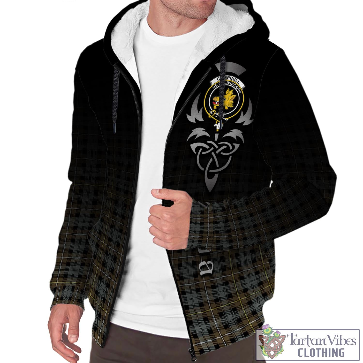 Tartan Vibes Clothing Campbell Argyll Weathered Tartan Sherpa Hoodie Featuring Alba Gu Brath Family Crest Celtic Inspired