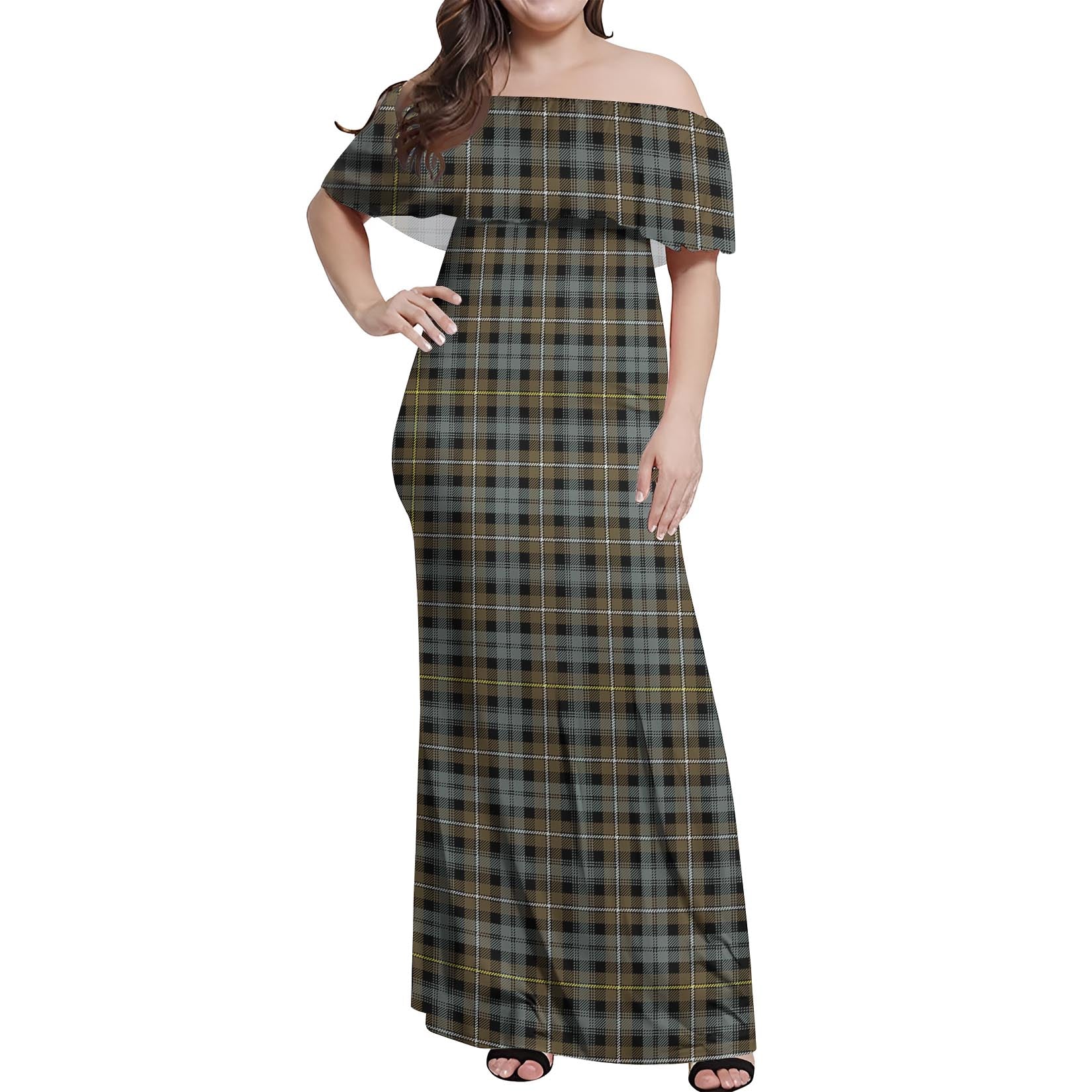 Campbell Argyll Weathered Tartan Off Shoulder Long Dress Women's Dress - Tartanvibesclothing