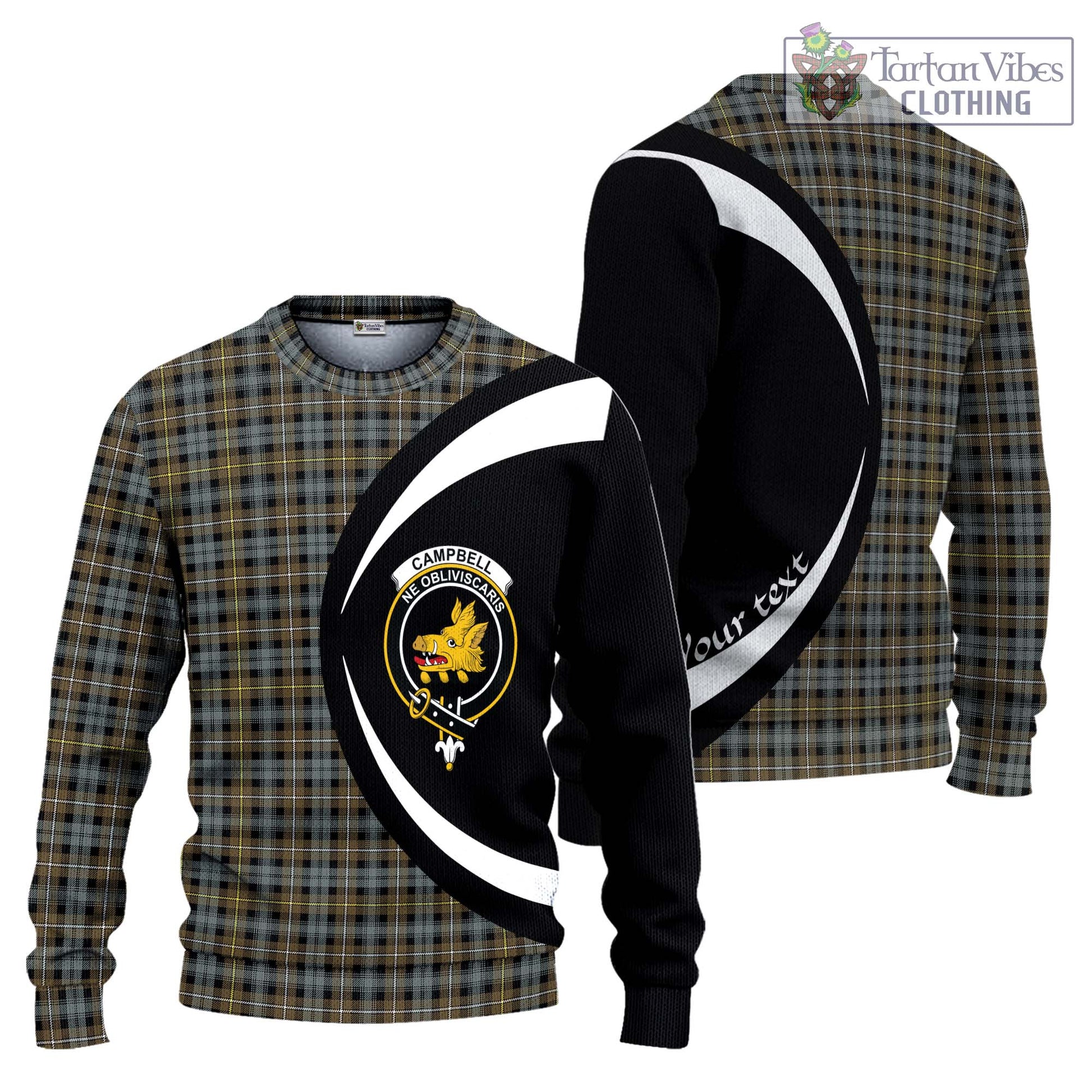 Tartan Vibes Clothing Campbell Argyll Weathered Tartan Knitted Sweater with Family Crest Circle Style