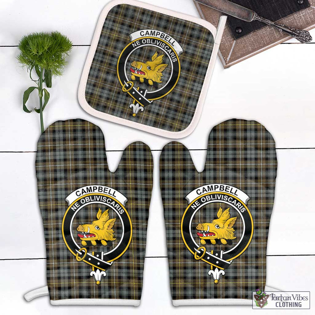 Campbell Argyll Weathered Tartan Combo Oven Mitt & Pot-Holder with Family Crest Combo 1 Oven Mitt & 1 Pot-Holder White - Tartan Vibes Clothing