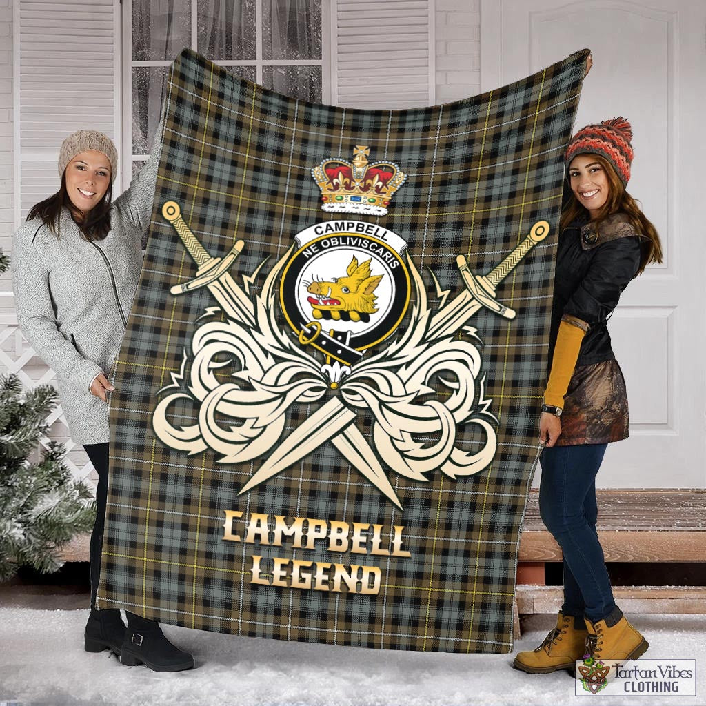 Tartan Vibes Clothing Campbell Argyll Weathered Tartan Blanket with Clan Crest and the Golden Sword of Courageous Legacy