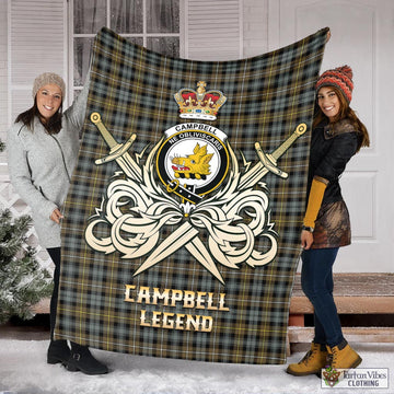 Campbell Argyll Weathered Tartan Blanket with Clan Crest and the Golden Sword of Courageous Legacy