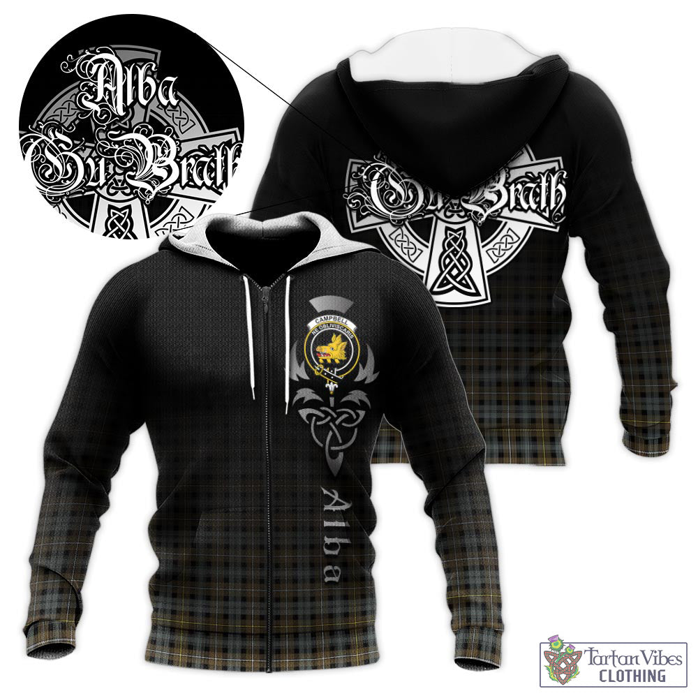 Tartan Vibes Clothing Campbell Argyll Weathered Tartan Knitted Hoodie Featuring Alba Gu Brath Family Crest Celtic Inspired