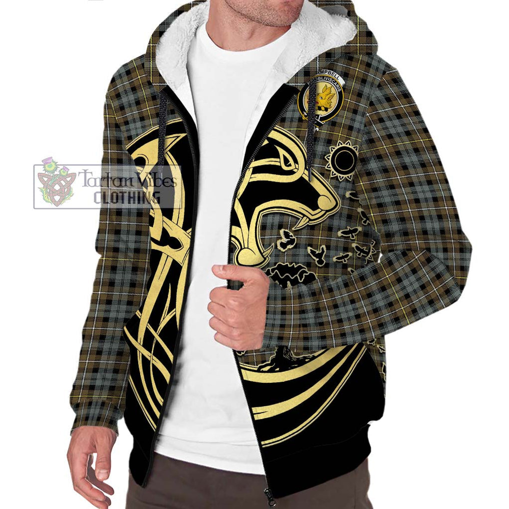 Campbell Argyll Weathered Tartan Sherpa Hoodie with Family Crest Celtic Wolf Style Unisex S - Tartan Vibes Clothing