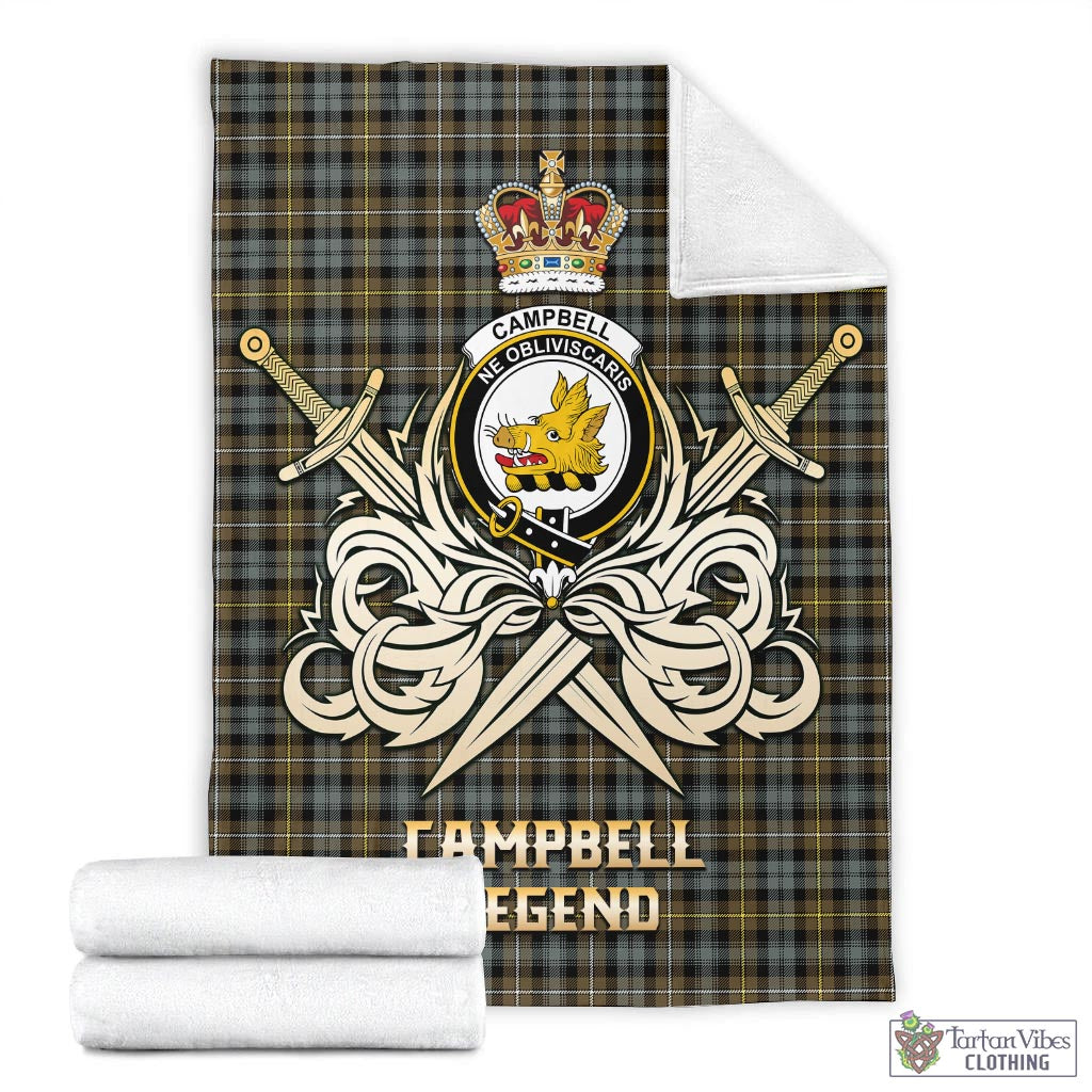 Tartan Vibes Clothing Campbell Argyll Weathered Tartan Blanket with Clan Crest and the Golden Sword of Courageous Legacy