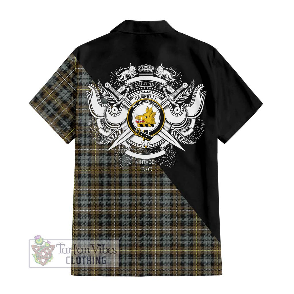 Campbell Argyll Weathered Tartan Short Sleeve Button Shirt with Family Crest and Military Logo Style - Tartanvibesclothing Shop