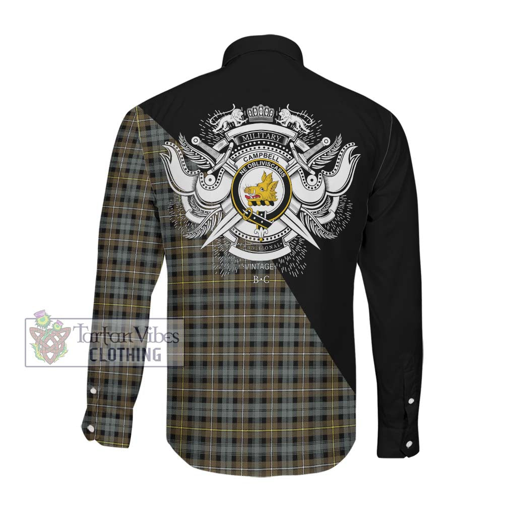 Tartan Vibes Clothing Campbell Argyll Weathered Tartan Long Sleeve Button Shirt with Family Crest and Military Logo Style