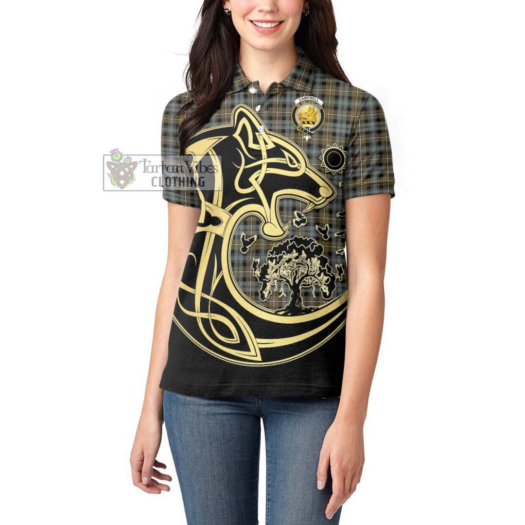 Campbell Argyll Weathered Tartan Women's Polo Shirt with Family Crest Celtic Wolf Style - Tartanvibesclothing Shop