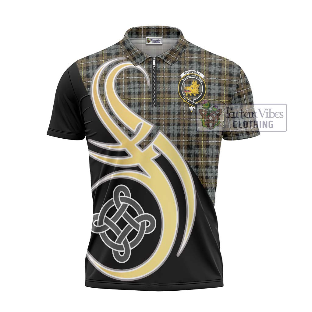 Tartan Vibes Clothing Campbell Argyll Weathered Tartan Zipper Polo Shirt with Family Crest and Celtic Symbol Style