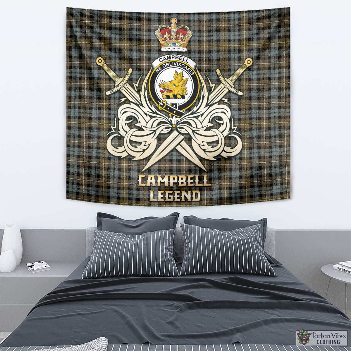 Tartan Vibes Clothing Campbell Argyll Weathered Tartan Tapestry with Clan Crest and the Golden Sword of Courageous Legacy