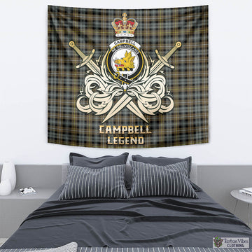 Campbell Argyll Weathered Tartan Tapestry with Clan Crest and the Golden Sword of Courageous Legacy