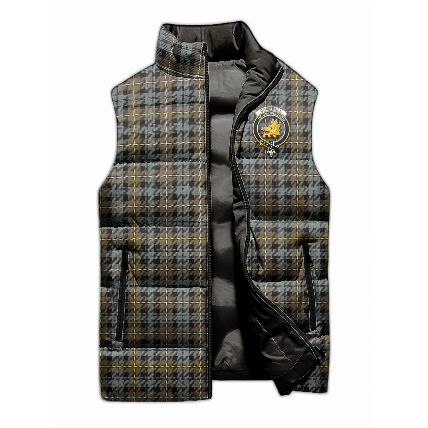 Campbell Argyll Weathered Tartan Sleeveless Puffer Jacket with Family Crest - Tartanvibesclothing