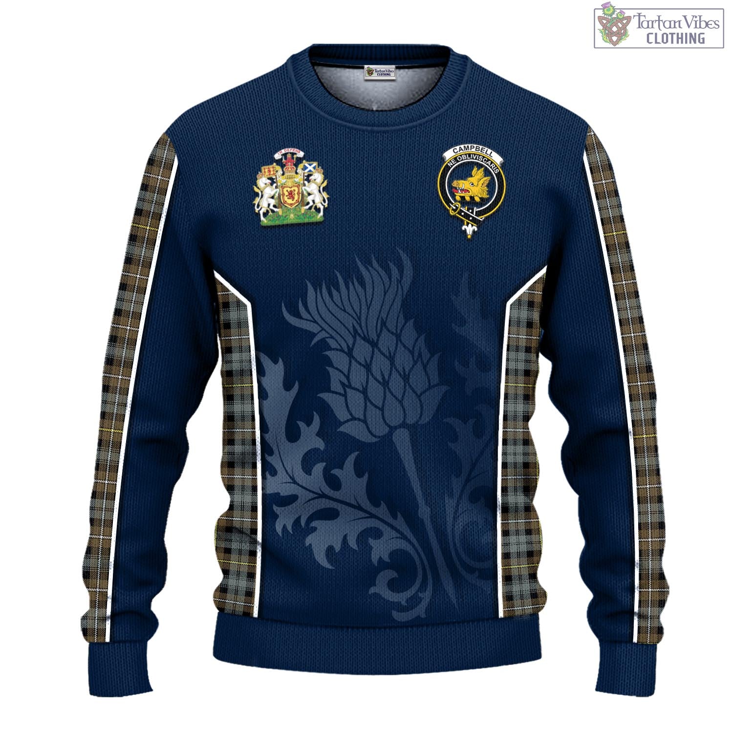 Tartan Vibes Clothing Campbell Argyll Weathered Tartan Knitted Sweatshirt with Family Crest and Scottish Thistle Vibes Sport Style