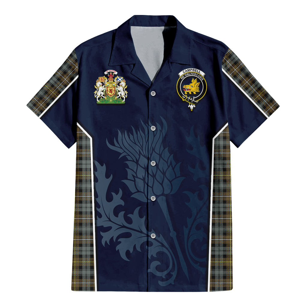 Tartan Vibes Clothing Campbell Argyll Weathered Tartan Short Sleeve Button Up Shirt with Family Crest and Scottish Thistle Vibes Sport Style