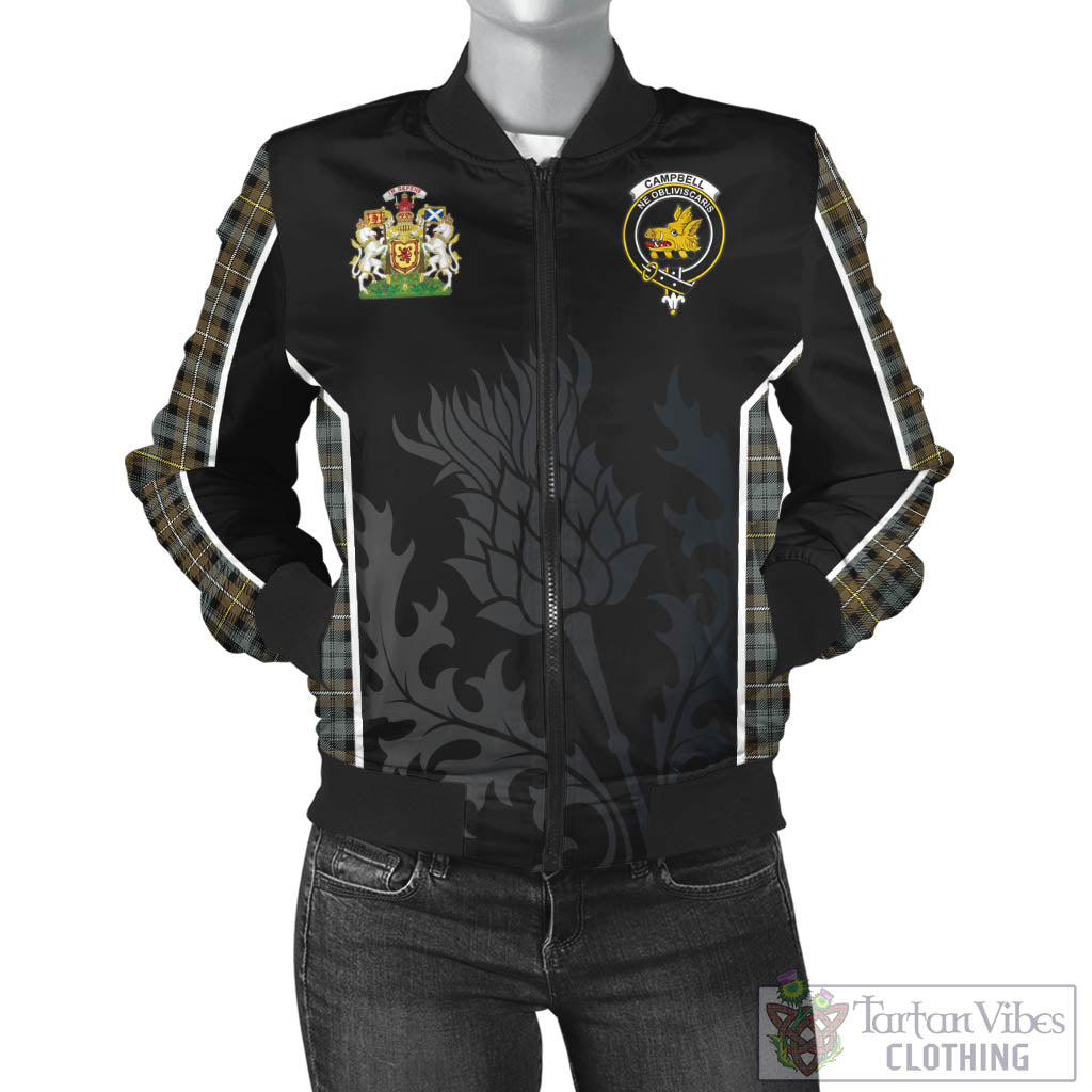 Tartan Vibes Clothing Campbell Argyll Weathered Tartan Bomber Jacket with Family Crest and Scottish Thistle Vibes Sport Style