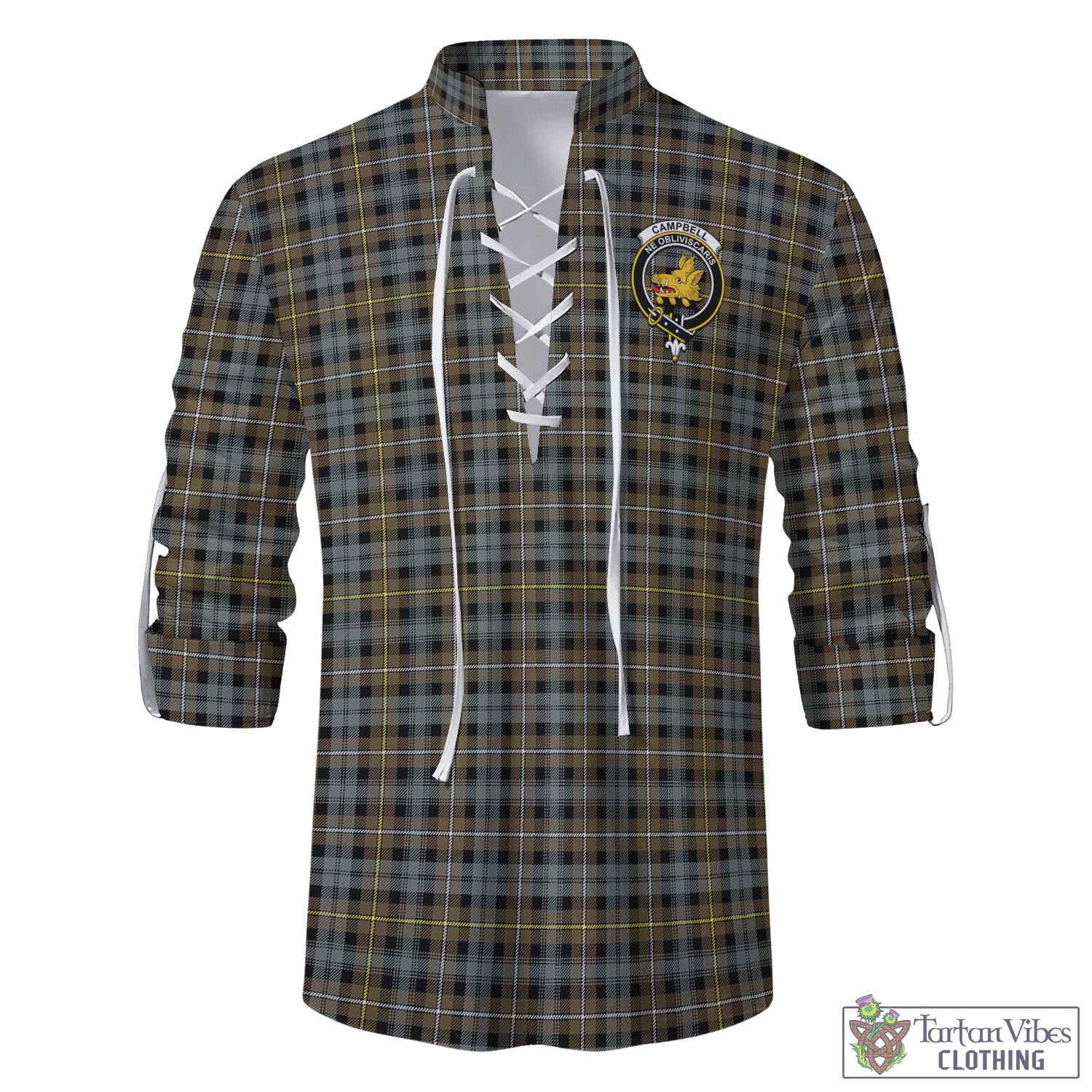 Tartan Vibes Clothing Campbell Argyll Weathered Tartan Men's Scottish Traditional Jacobite Ghillie Kilt Shirt with Family Crest