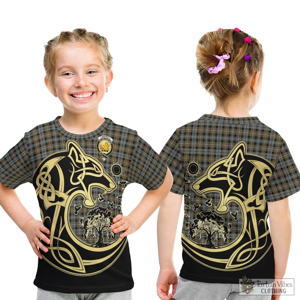 Campbell Argyll Weathered Tartan Kid T-Shirt with Family Crest Celtic Wolf Style - Tartan Vibes Clothing