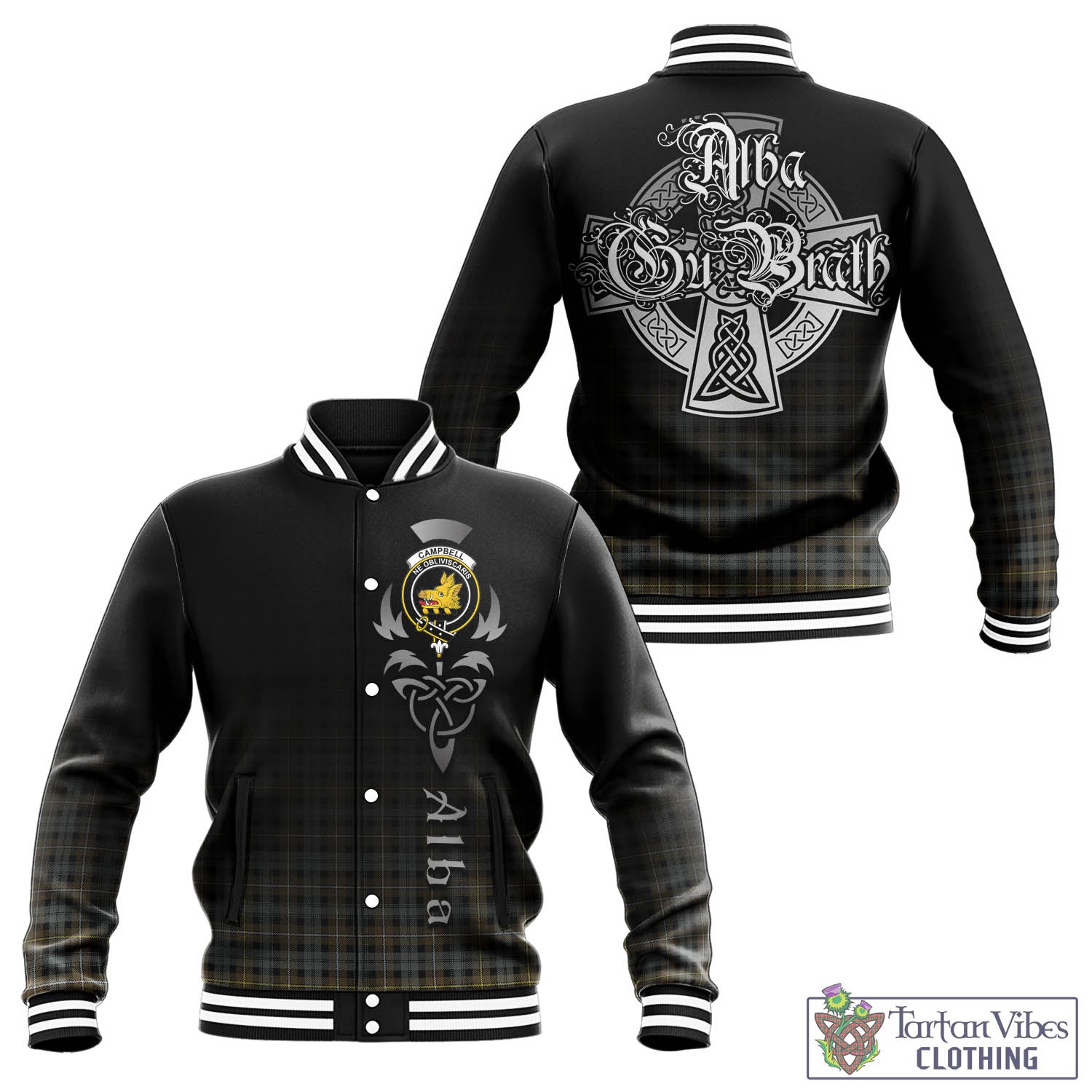 Tartan Vibes Clothing Campbell Argyll Weathered Tartan Baseball Jacket Featuring Alba Gu Brath Family Crest Celtic Inspired