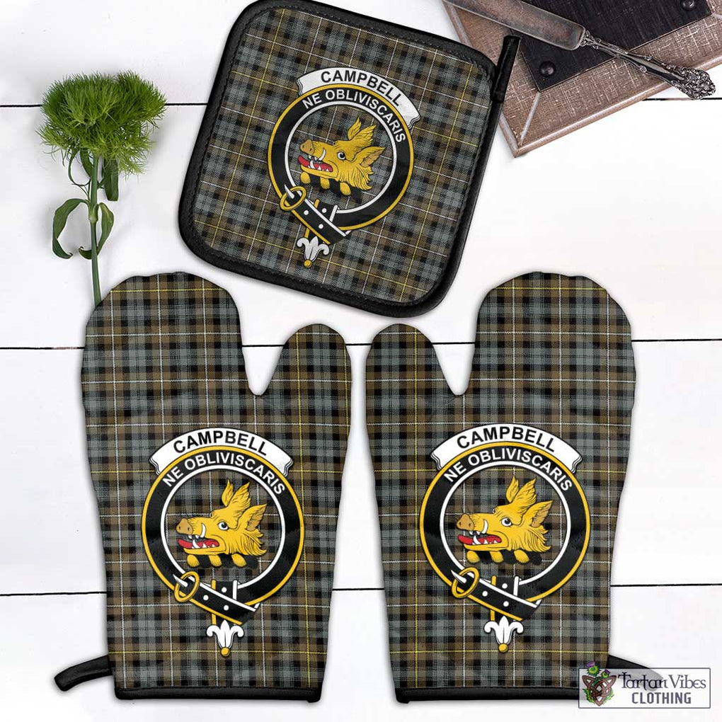 Campbell Argyll Weathered Tartan Combo Oven Mitt & Pot-Holder with Family Crest Combo 1 Oven Mitt & 1 Pot-Holder Black - Tartan Vibes Clothing