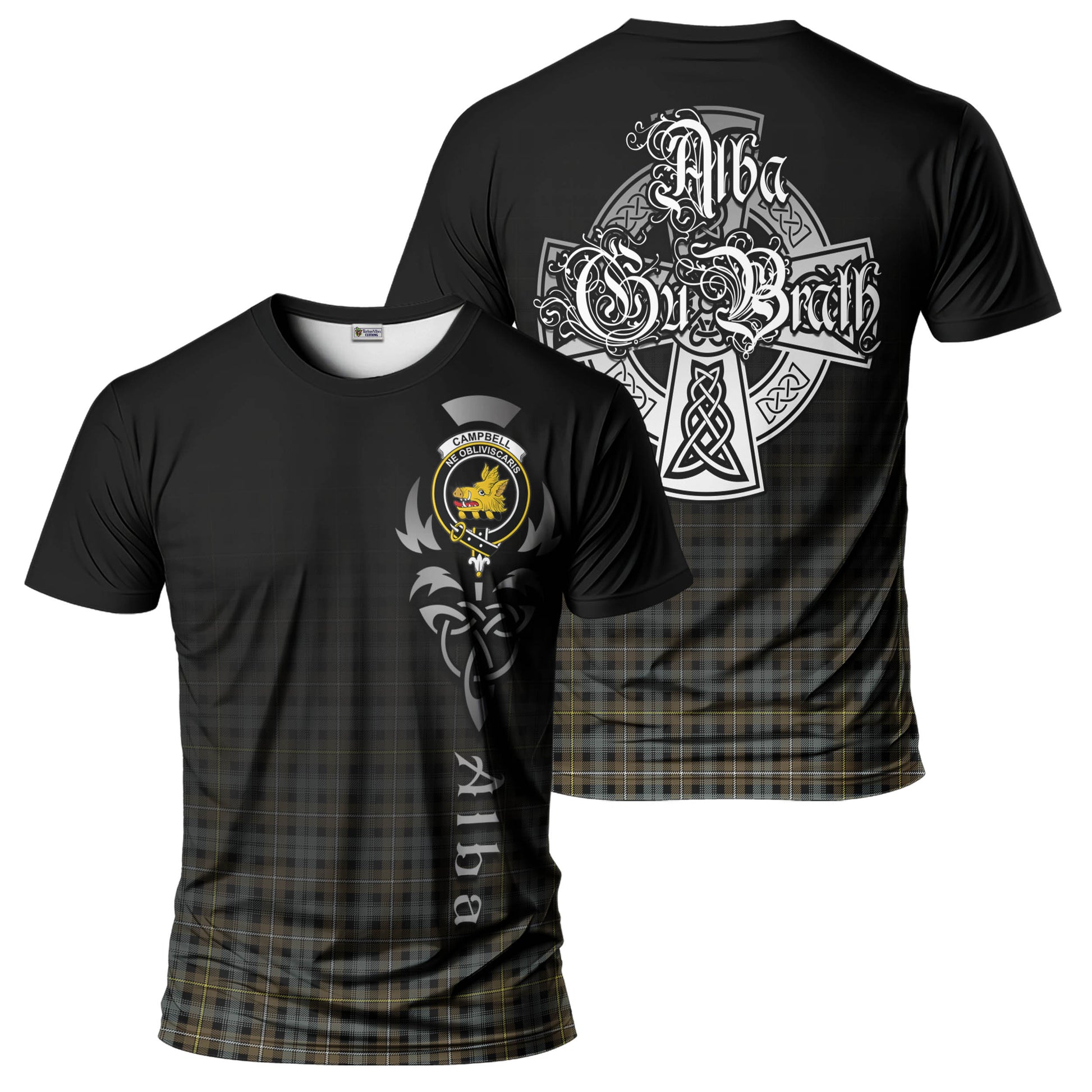 Tartan Vibes Clothing Campbell Argyll Weathered Tartan T-Shirt Featuring Alba Gu Brath Family Crest Celtic Inspired