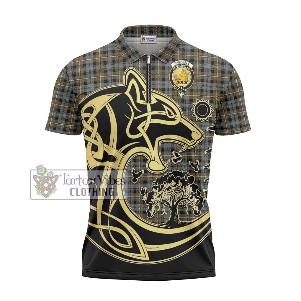 Campbell Argyll Weathered Tartan Zipper Polo Shirt with Family Crest Celtic Wolf Style - Tartanvibesclothing Shop