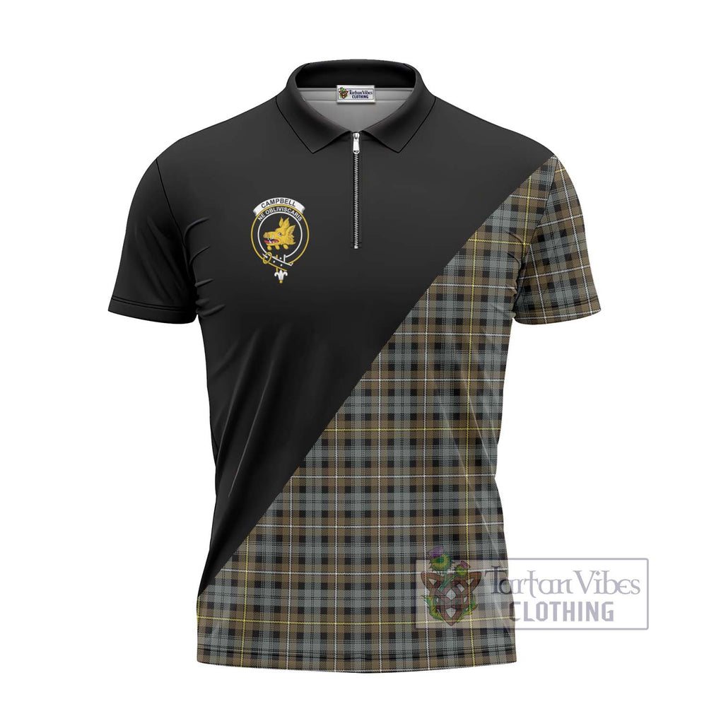 Campbell Argyll Weathered Tartan Zipper Polo Shirt with Family Crest and Military Logo Style - Tartanvibesclothing Shop