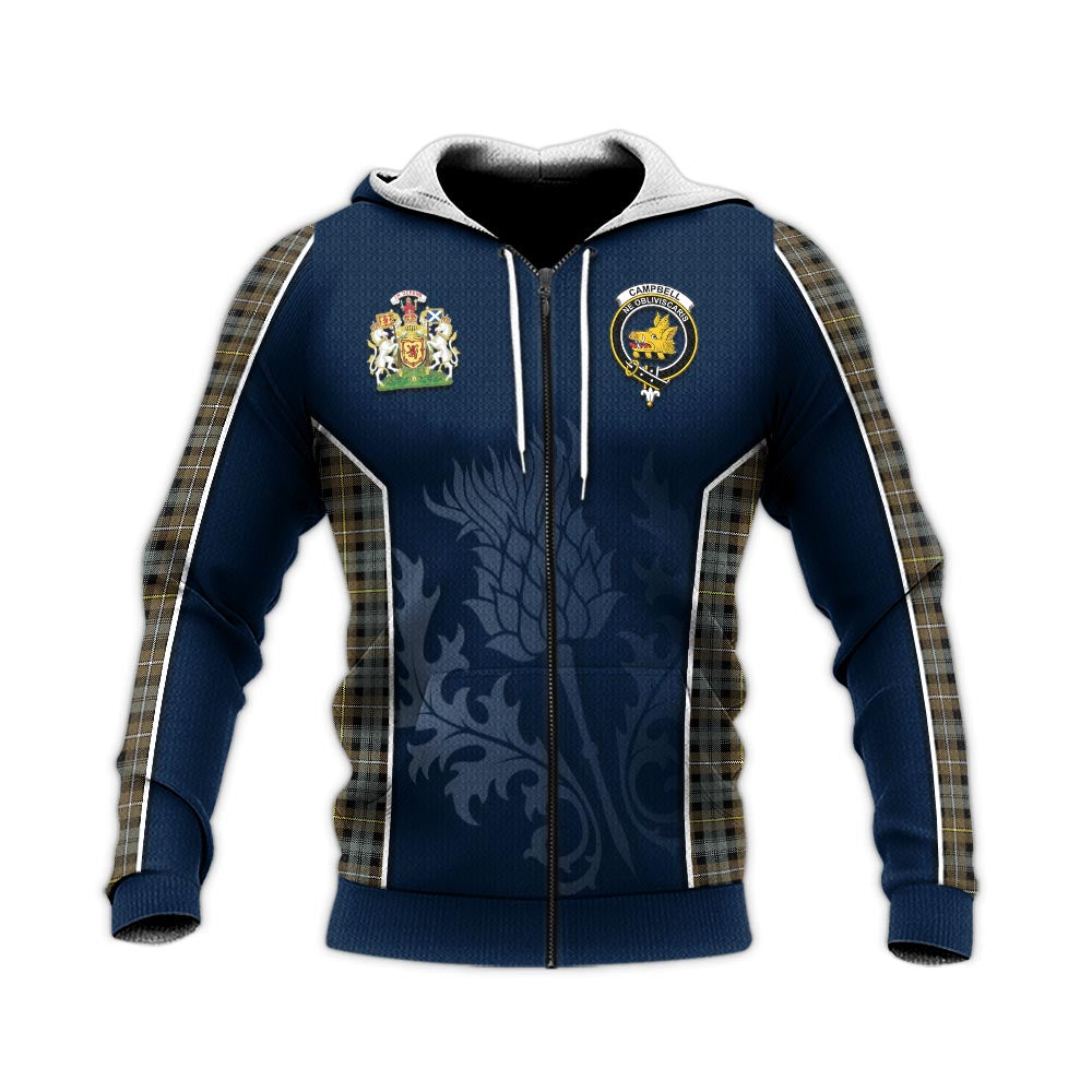 Tartan Vibes Clothing Campbell Argyll Weathered Tartan Knitted Hoodie with Family Crest and Scottish Thistle Vibes Sport Style