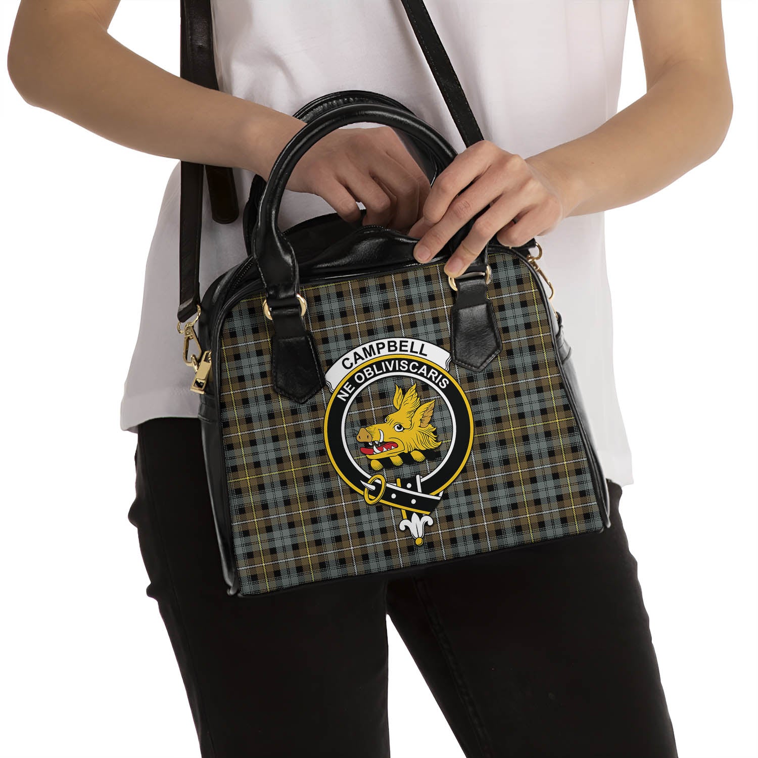 Campbell Argyll Weathered Tartan Shoulder Handbags with Family Crest - Tartanvibesclothing