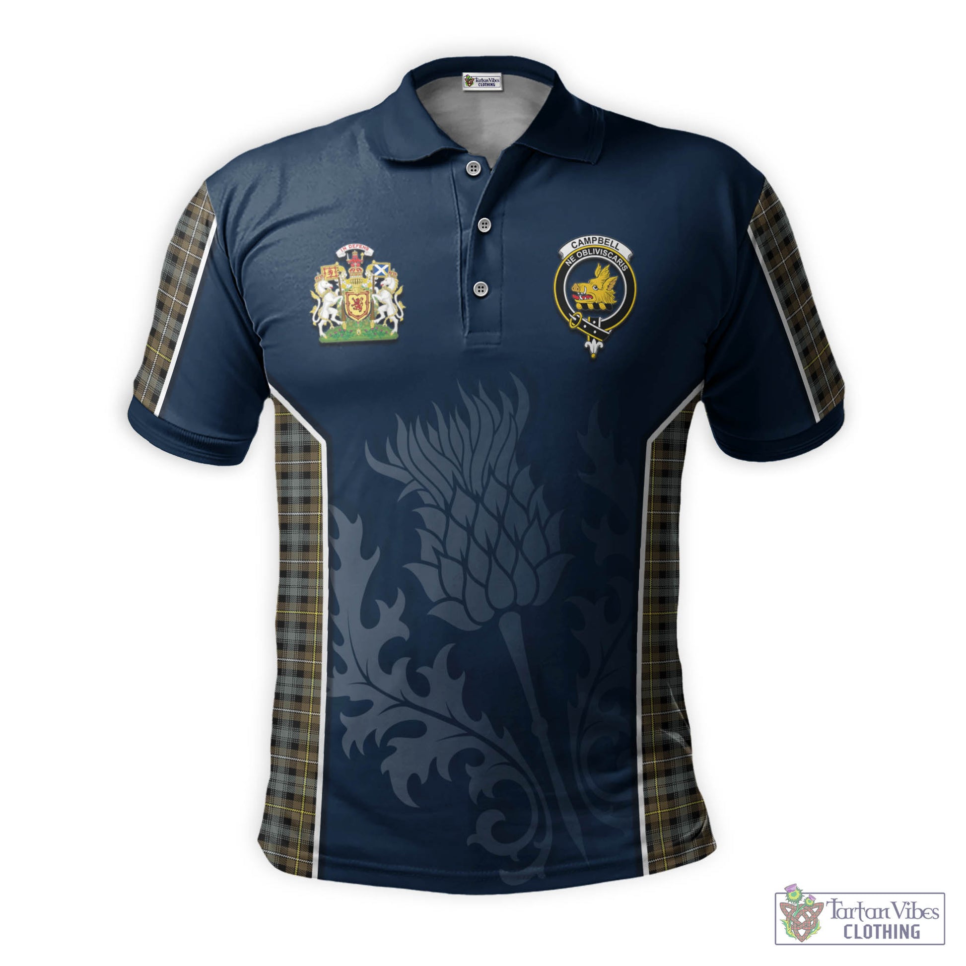 Tartan Vibes Clothing Campbell Argyll Weathered Tartan Men's Polo Shirt with Family Crest and Scottish Thistle Vibes Sport Style