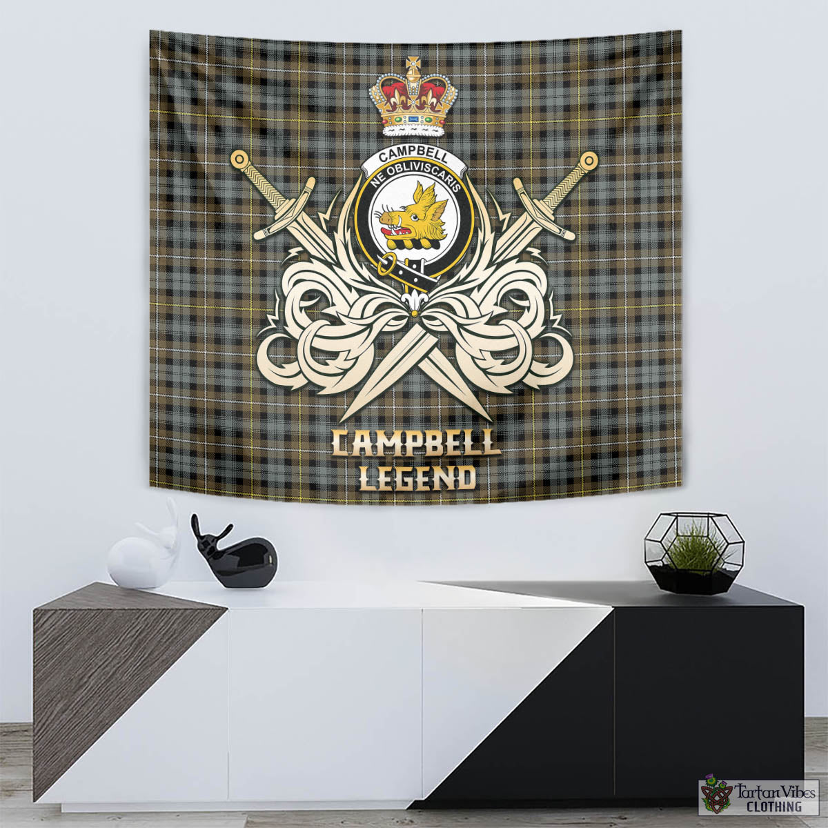 Tartan Vibes Clothing Campbell Argyll Weathered Tartan Tapestry with Clan Crest and the Golden Sword of Courageous Legacy