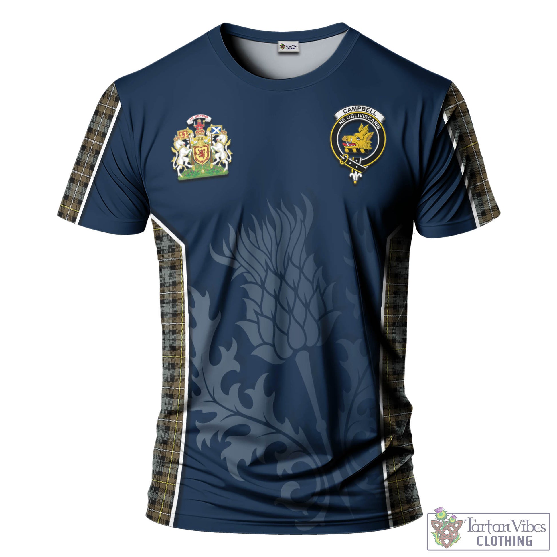 Tartan Vibes Clothing Campbell Argyll Weathered Tartan T-Shirt with Family Crest and Scottish Thistle Vibes Sport Style