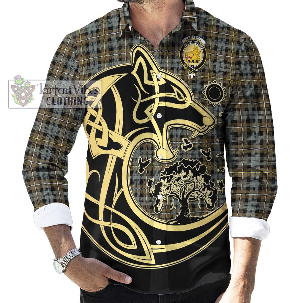 Campbell Argyll Weathered Tartan Long Sleeve Button Shirt with Family Crest Celtic Wolf Style - Tartan Vibes Clothing