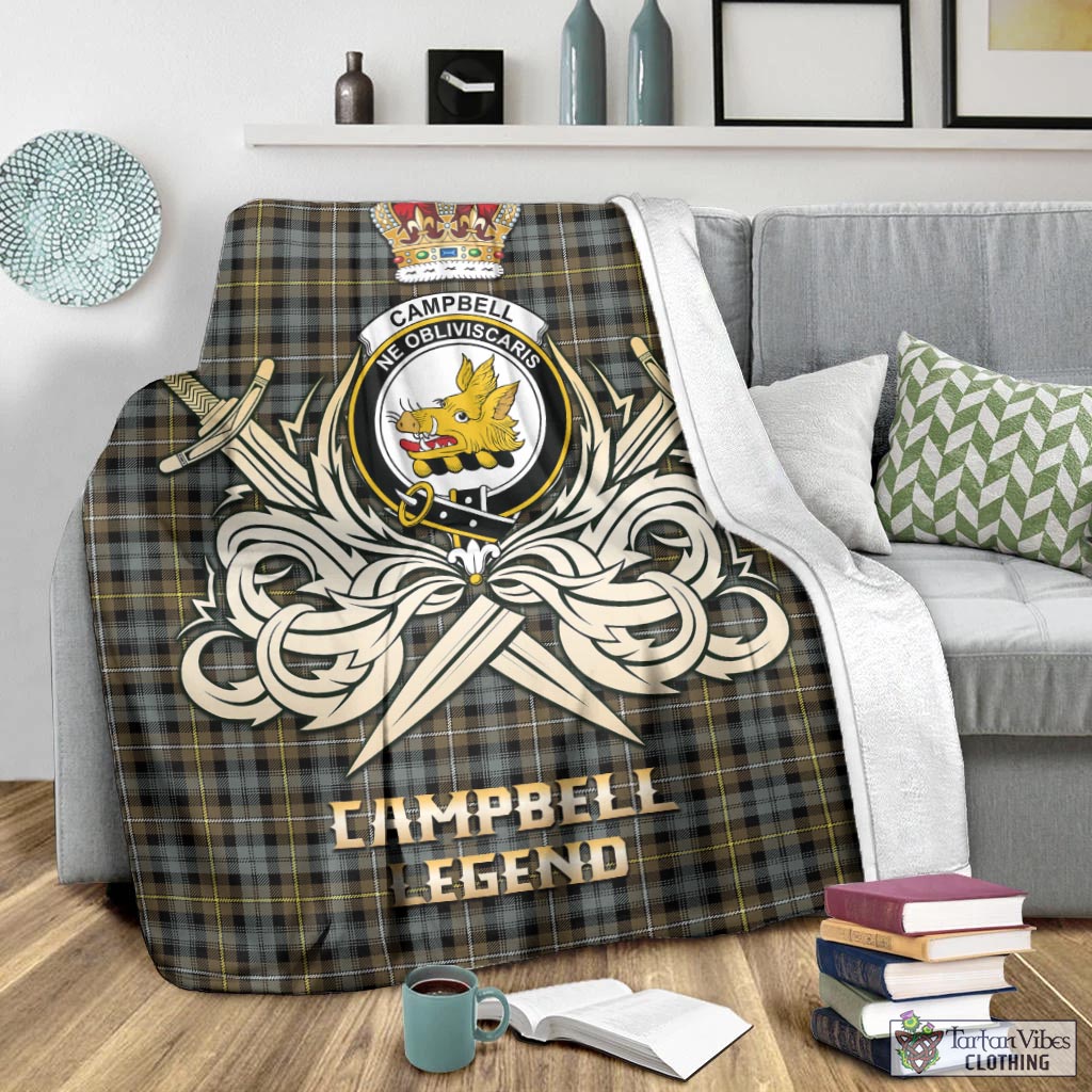 Tartan Vibes Clothing Campbell Argyll Weathered Tartan Blanket with Clan Crest and the Golden Sword of Courageous Legacy